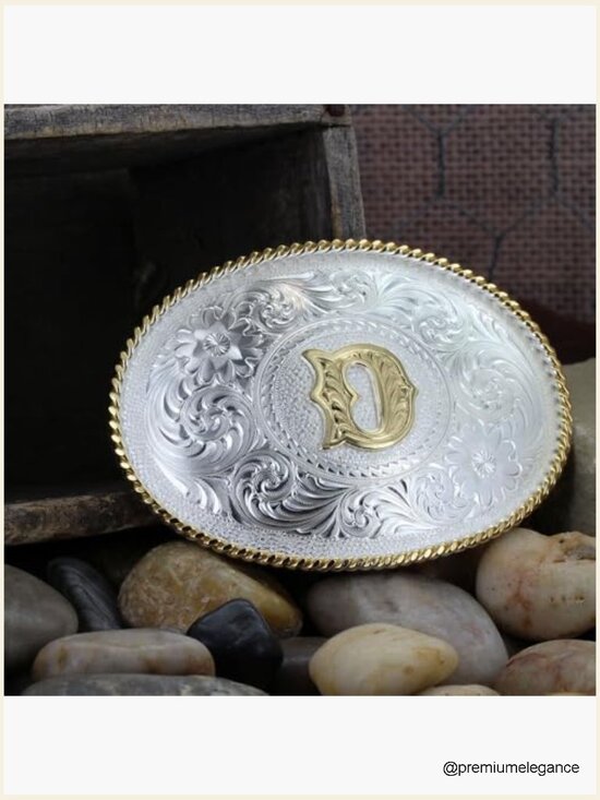 Western Belt Buckle Silver Gold Trim Engraved Initial Oval 1.5\